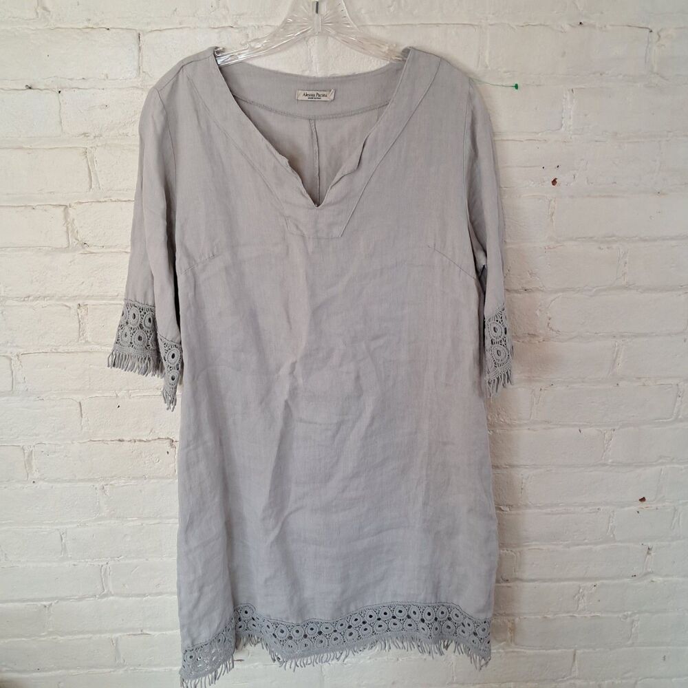Alessia Pacini Italy 100% Linen Shift Tunic Dress Lace Fringe Trim Grey Size M